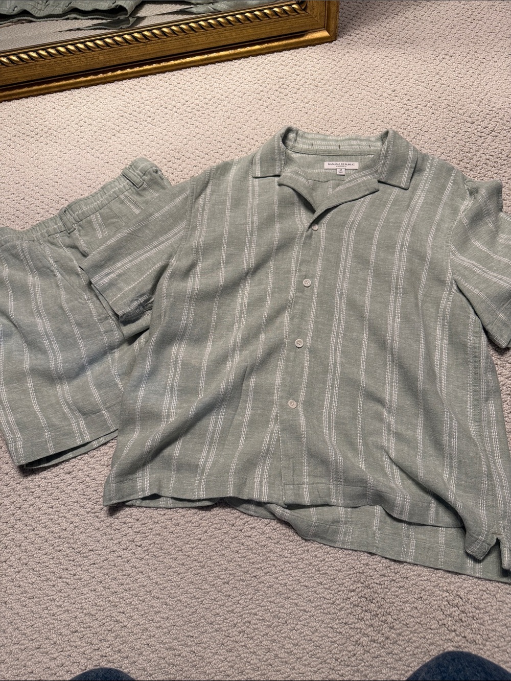 Banana Republic Men's Sage Green Striped Linen Blend Shorts & Shirt Set